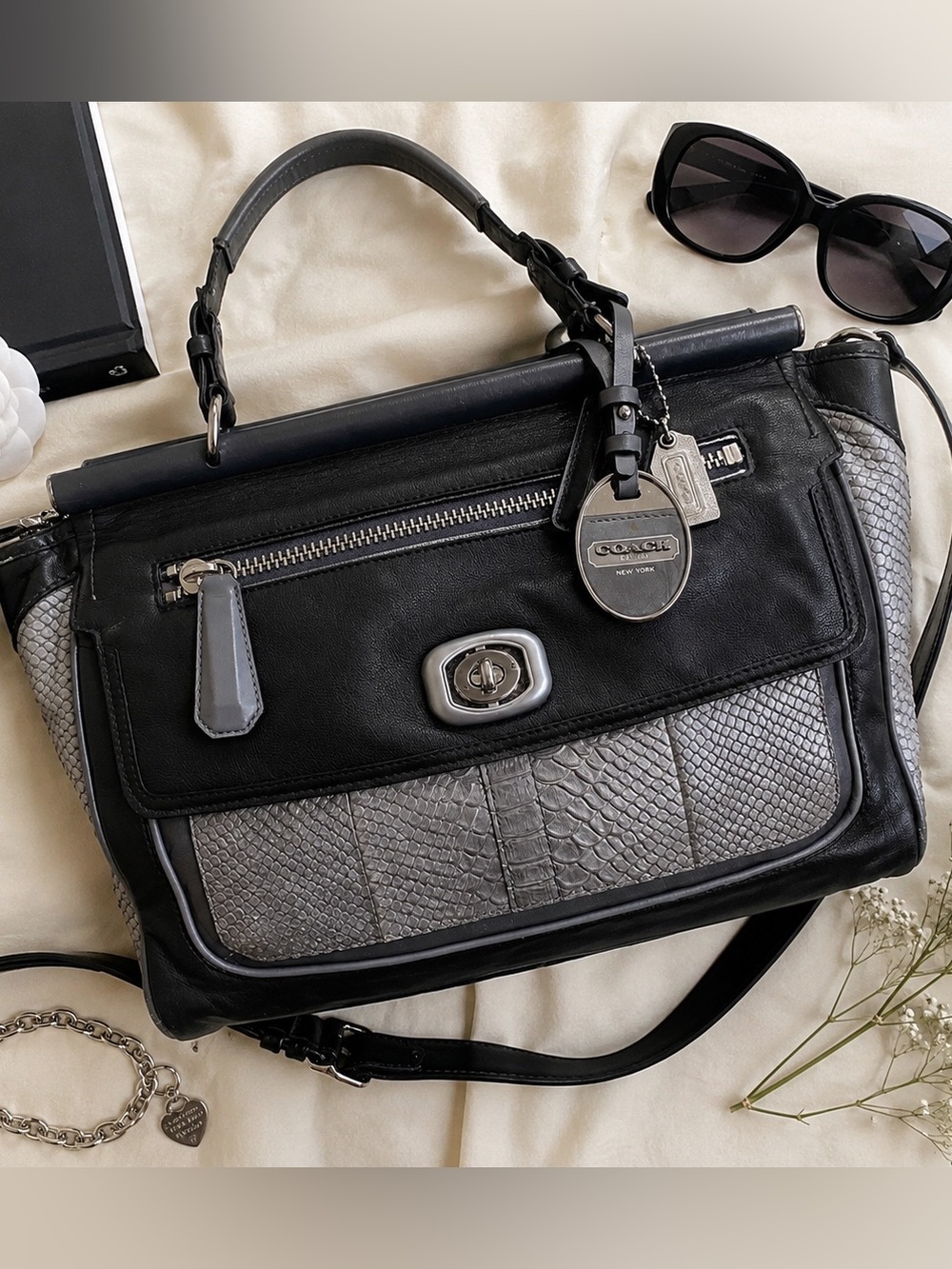 Rare Coach Pinnacle Louise Erin  Black & Gray Leather Satchel with Python detail